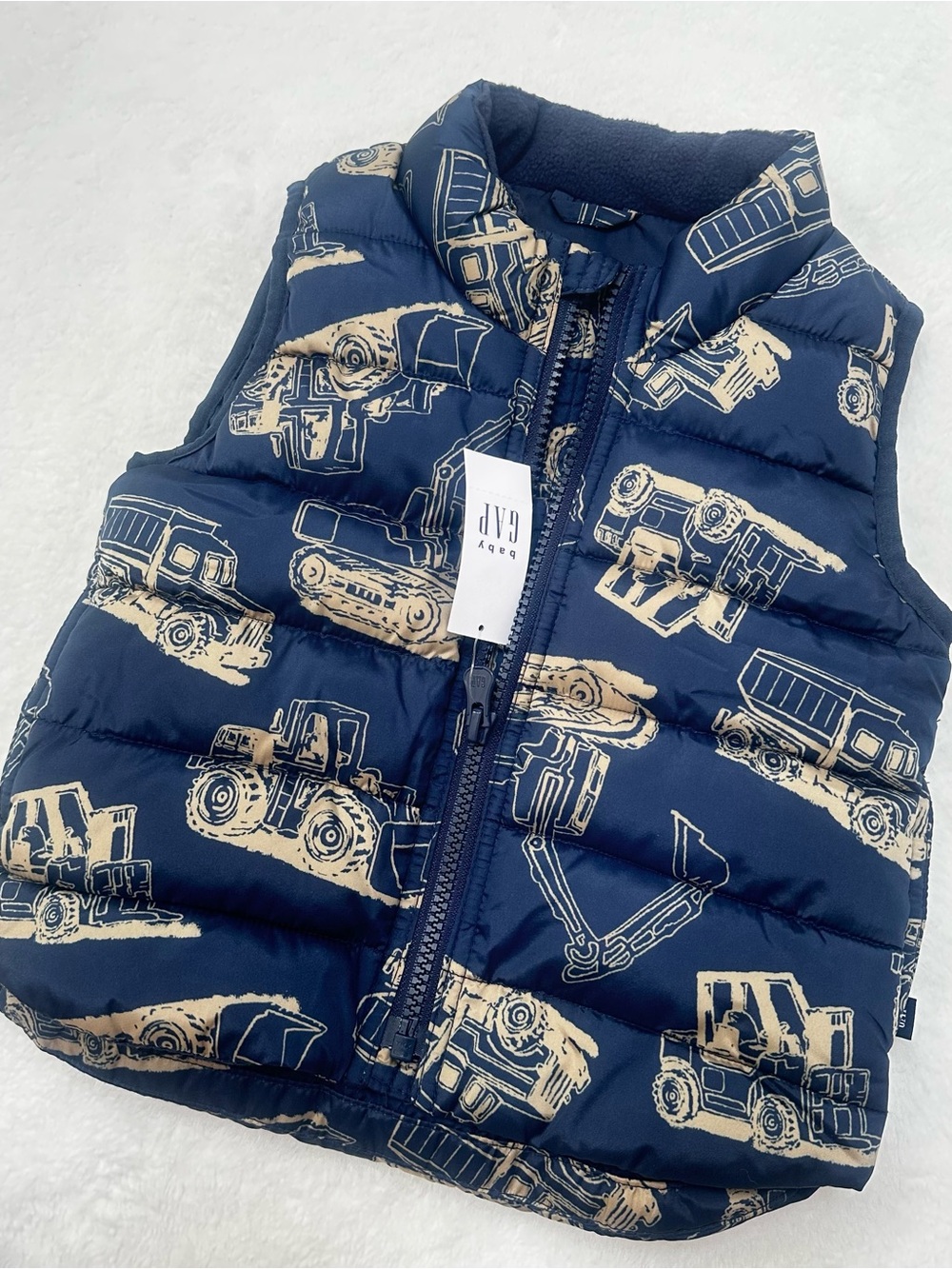 GAP Navy Puffer Vest with Tan Construction Print NWT 12-18 mo